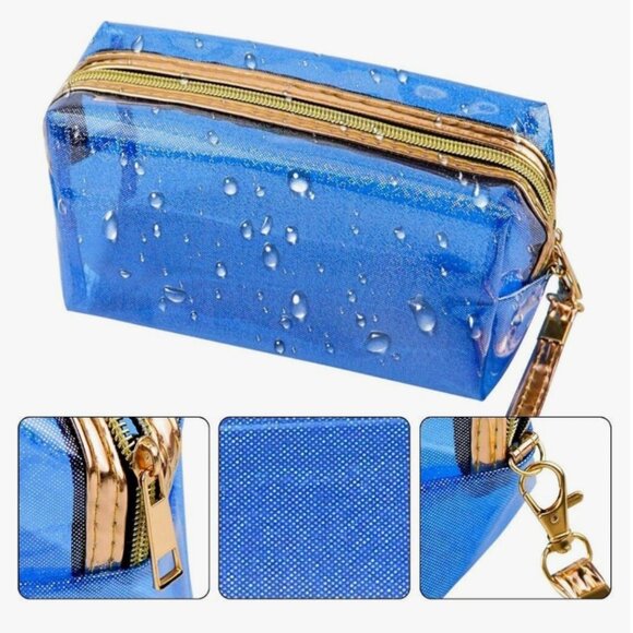 Glitter Translucent Cosmetic Makeup Bag Zippered Travel Toiletry Wristlet - Picture 6 of 7